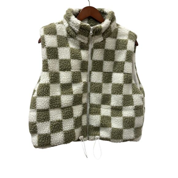 Sherpa Vest Green Cream Checkerboard Fleece Zip Up Women's L - Picture 1 of 10